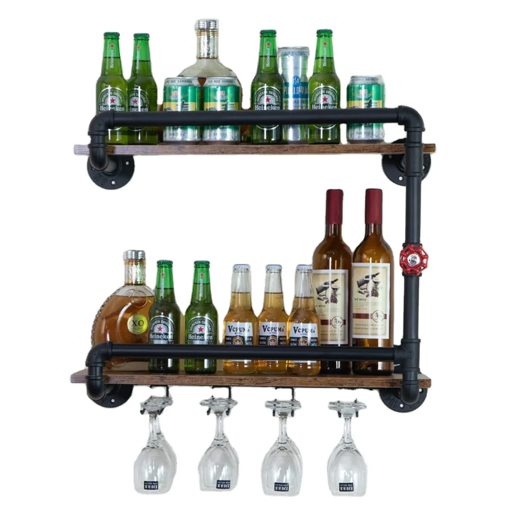 Wine Rack Wall Mounted 2 Tier, Hanging Floating Small Mini Bar Liquor Shelves with Glass Holder Storage Under