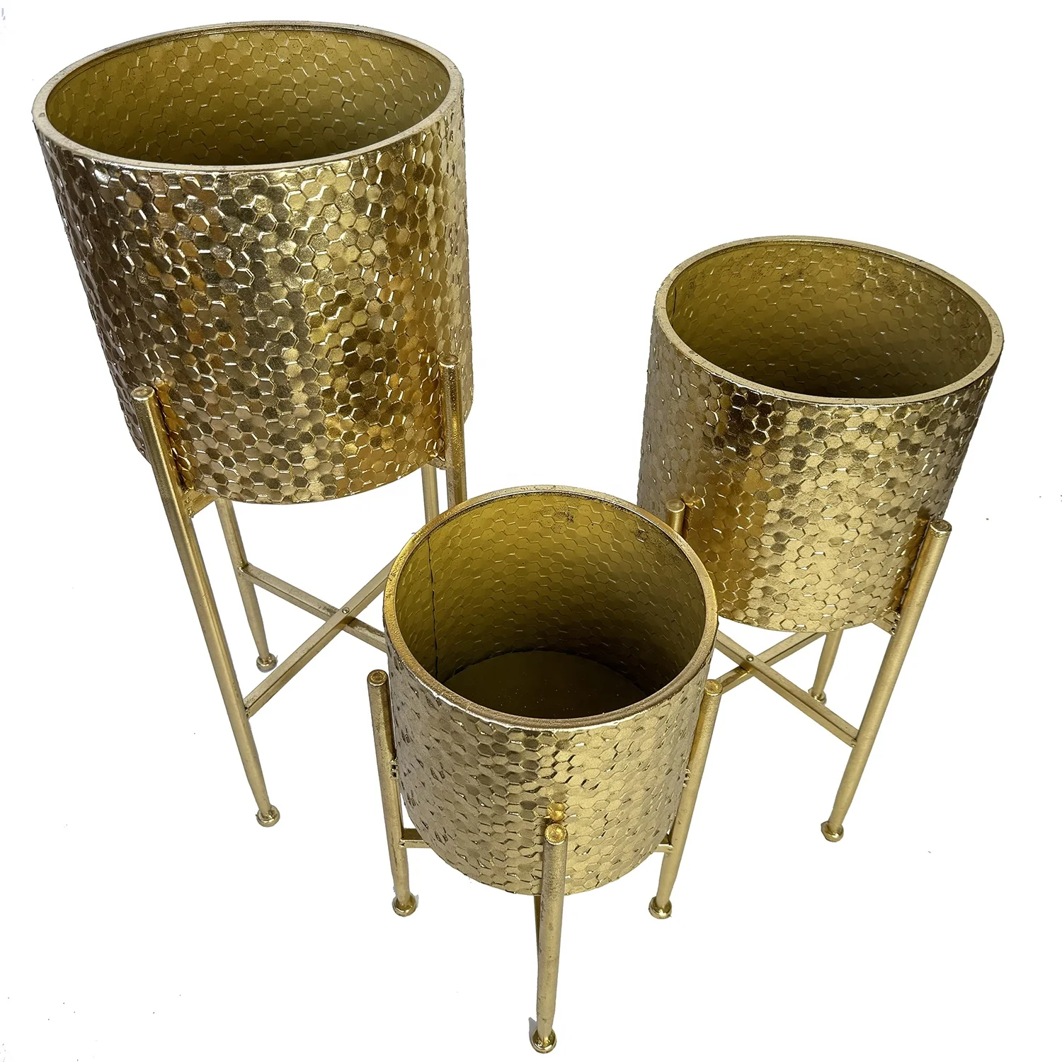 Lander Set of 3 Modern Luxury Gold Tall Floor Planters with Stands Elegant Gold Metal Plant Pots