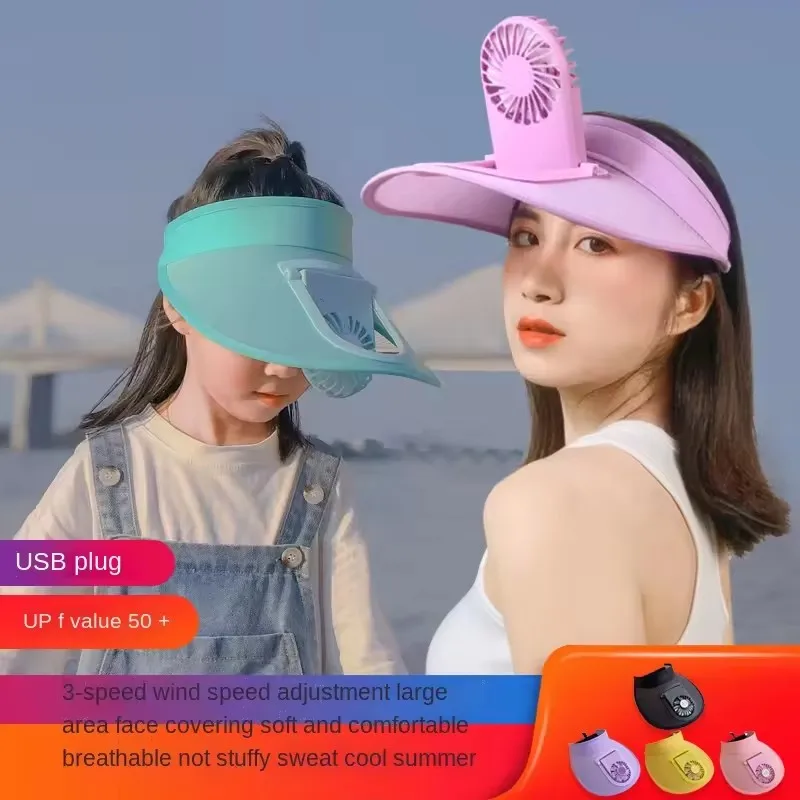 Summer Child Large Big Brim Sports Hats Outdoor Cooling Sun Visor Cap Kids Travel Empty Top Rechargeable Usb Fan Caps