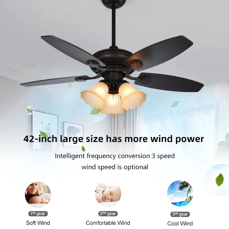 Retro style E27 pull cord fan light American living room bedroom decoration old style remote control ceiling fan with light