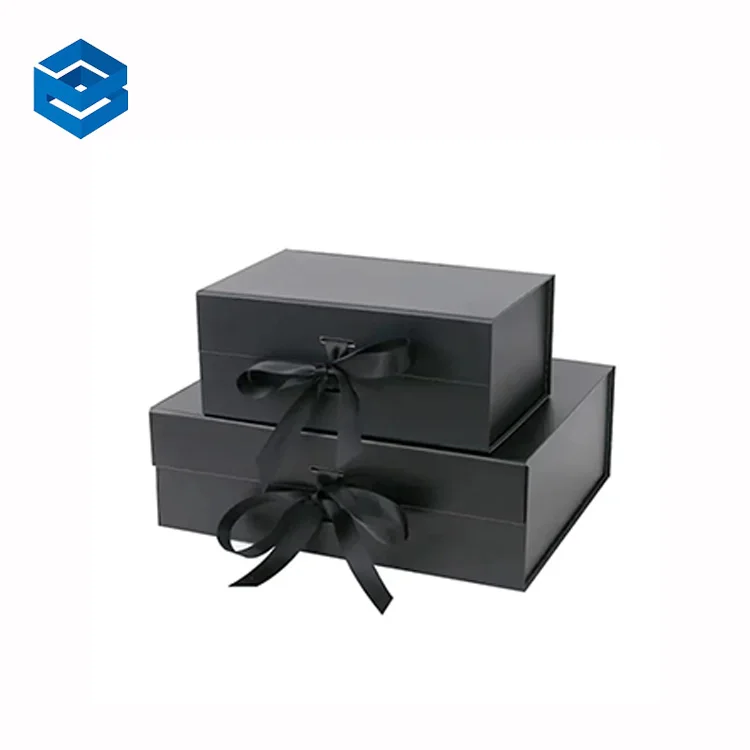 Custom Logo wholesale Luxury folding Black Magnet clothing Paper Gift box packaging with Ribbon Magnetic Gift Box