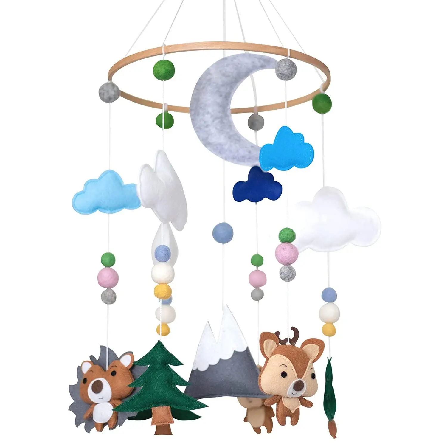 wholesale safari newborn Montessori toy stuffed woodland animal cloud wool pompom crib hanging decor baby crib felt baby mobiles
