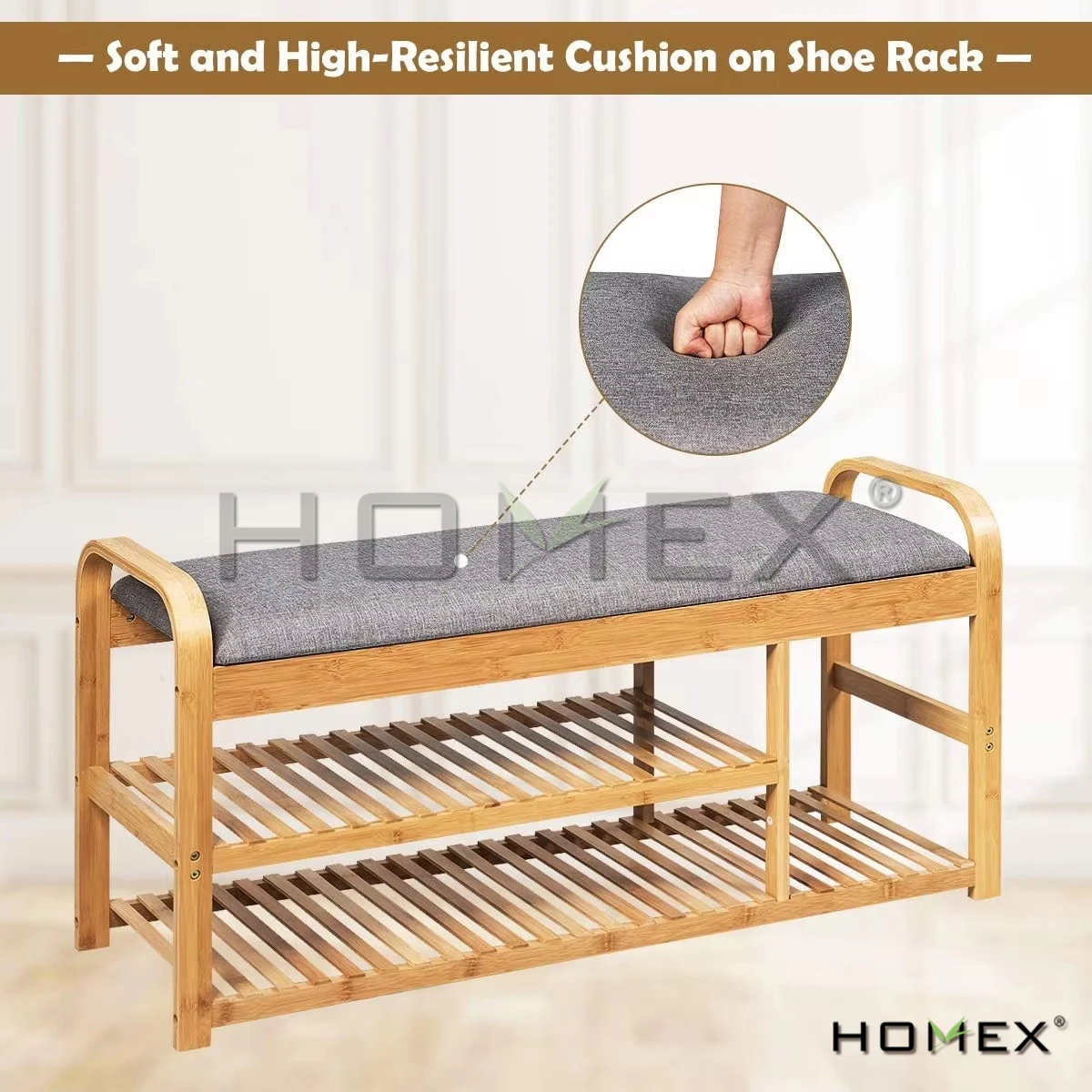 Homex|Good Quality Living Room Hallway Furniture Natural Bamboo Shoe Rack Bench 3-tier Shoe Rack with Cushion Seat
