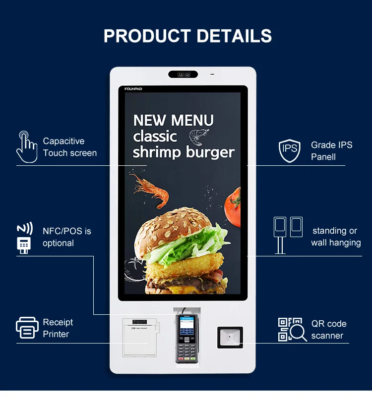 Retail touch screen desktop android window restaurant tablet ordering self service payment kiosk