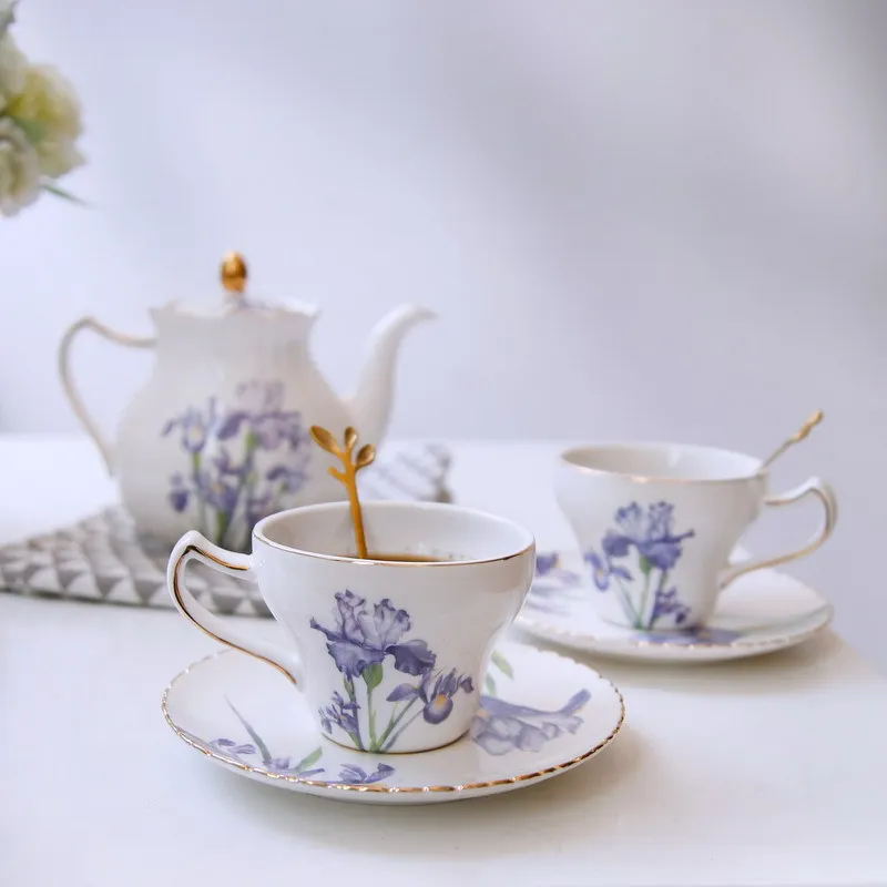 High End European Purple Iris Ceramic Teapot Coffee Cup And Saucer Kit Light Luxury Bone China Tea Cup Gift Sets