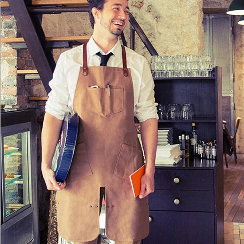Split work overalls hanging neck leather shoulder strap canvas apron men protective overalls welder apron custom logo