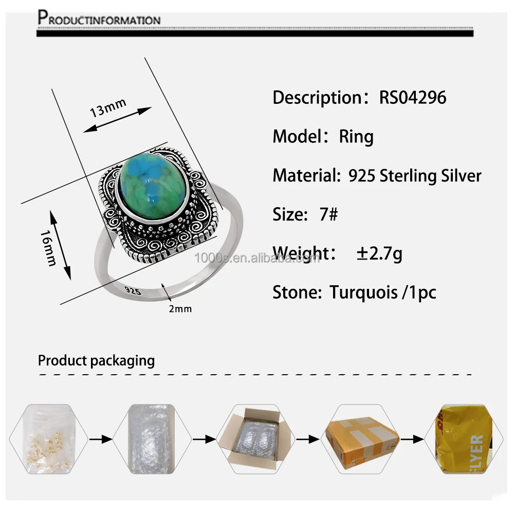 Factory direct sales Custom Wholesale 925 sterling silver Turqouis Ring Mongolian Style Series Temperament Ring