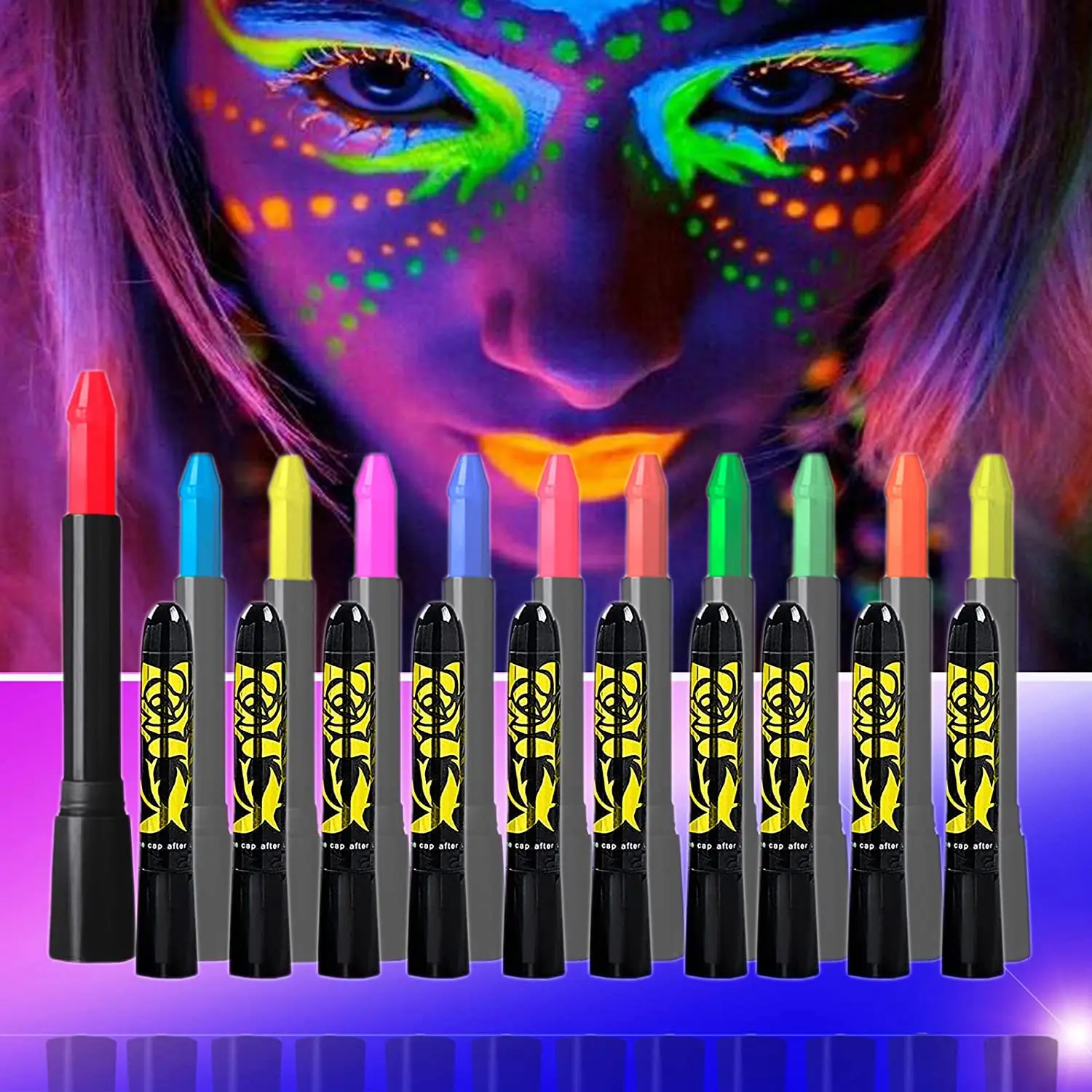 Meidugaga 12pcs Glow in The Dark Under UV Light Halloween Makeup Face Painting Set Non-toxic Body Paint Face Paint Crayon