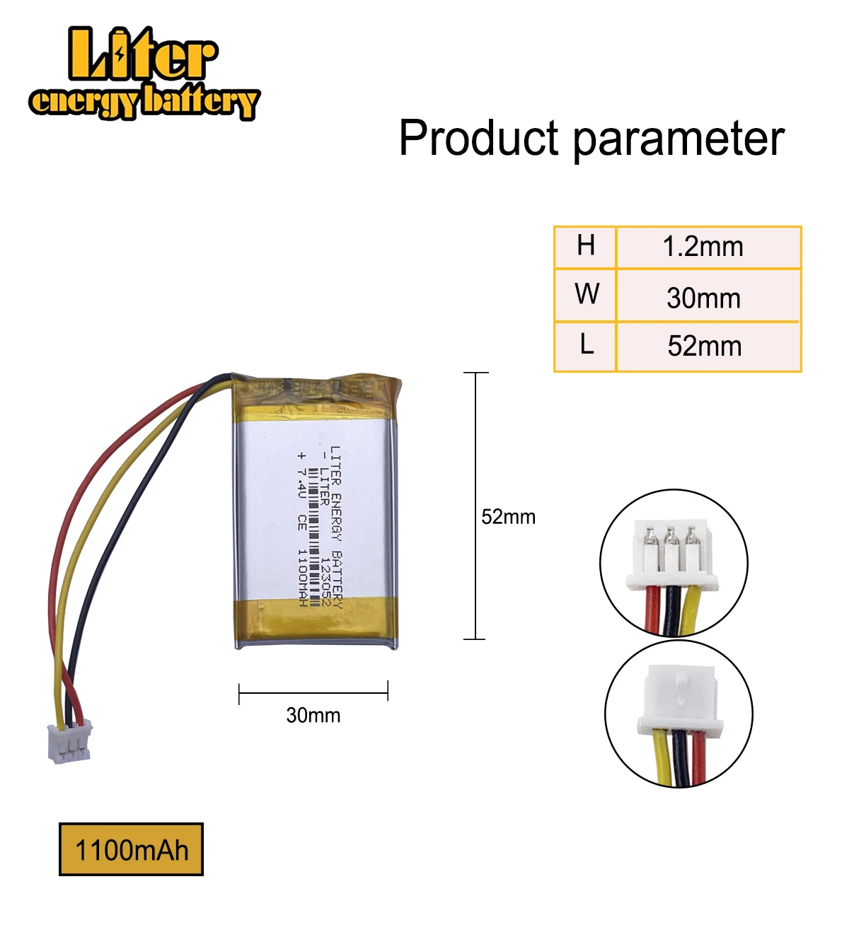 7.4V 1100mAh 123052 Polymer Li-ion battery for DVD player JBL Flip speaker, 603050-2S with PHR2.0mm-3P