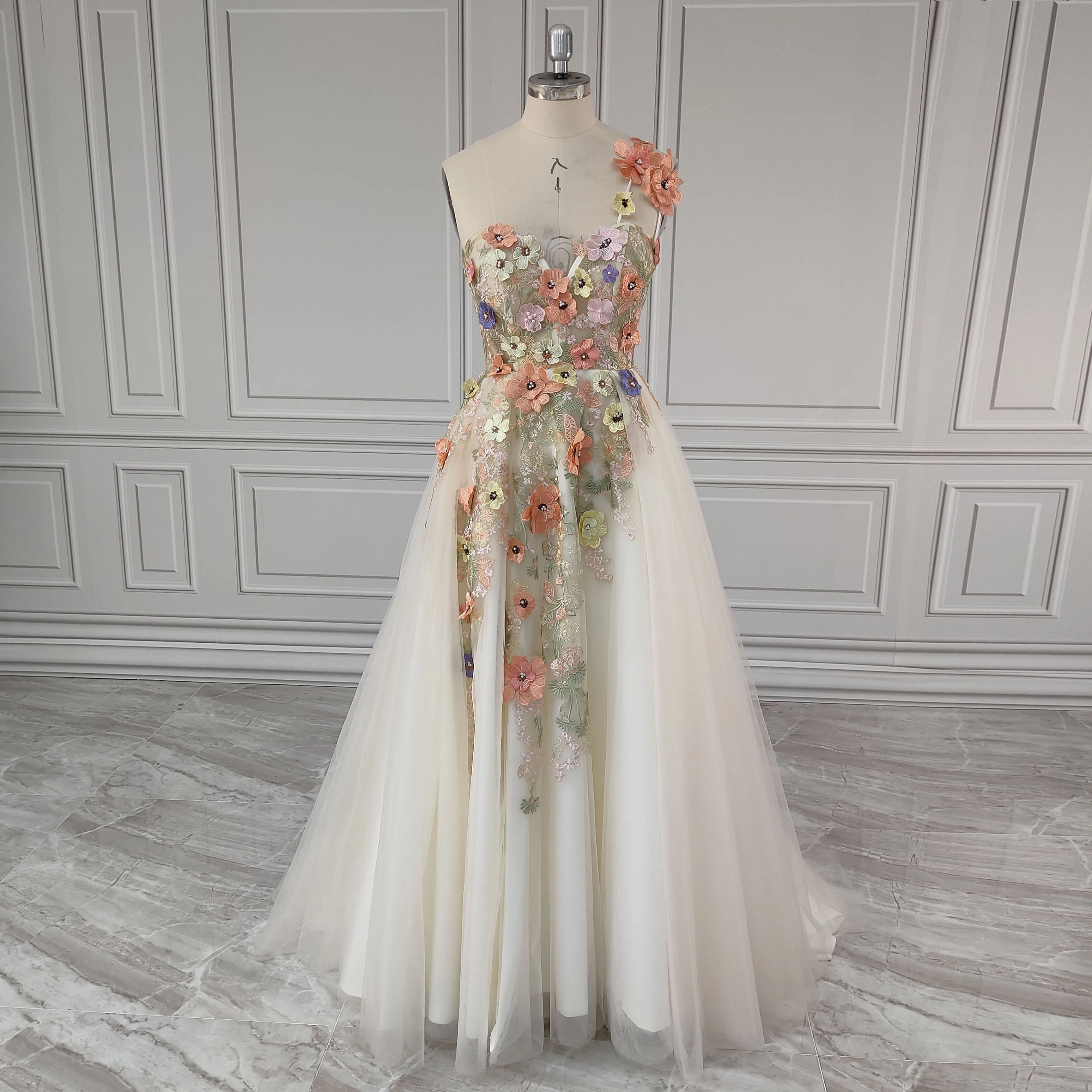 100% Real Photos One Shoulder 3D Flowers Split Front Wedding Gown Birthday Party Dress For Plus Size Women Prom Evening Dresses