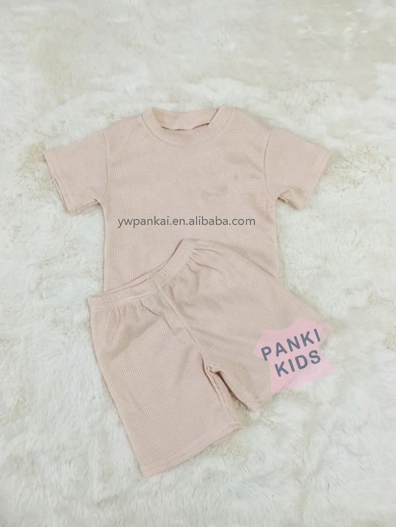 Custom Logo Toddler boys clothing sets summer Waffle fabric Short Sleeve Tops Matching Shorts Outfits For Kid Clothes
