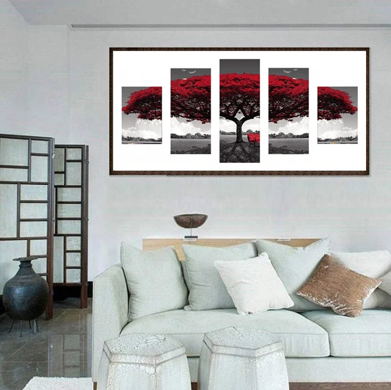 5 pieces of high-definition printed red trees canvas art painting home decoration painting 5d diamond painting printing poster