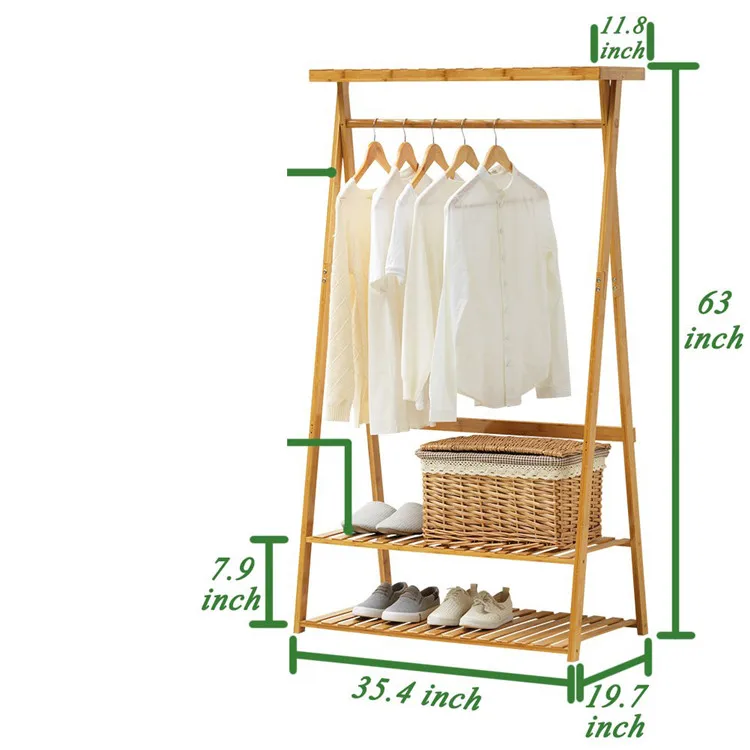 Bamboo Garment Rack Storage Shelves Clothes Hanging Rack with Side Hooks, Heavy Duty Clothing Rack Portable Wardrobe