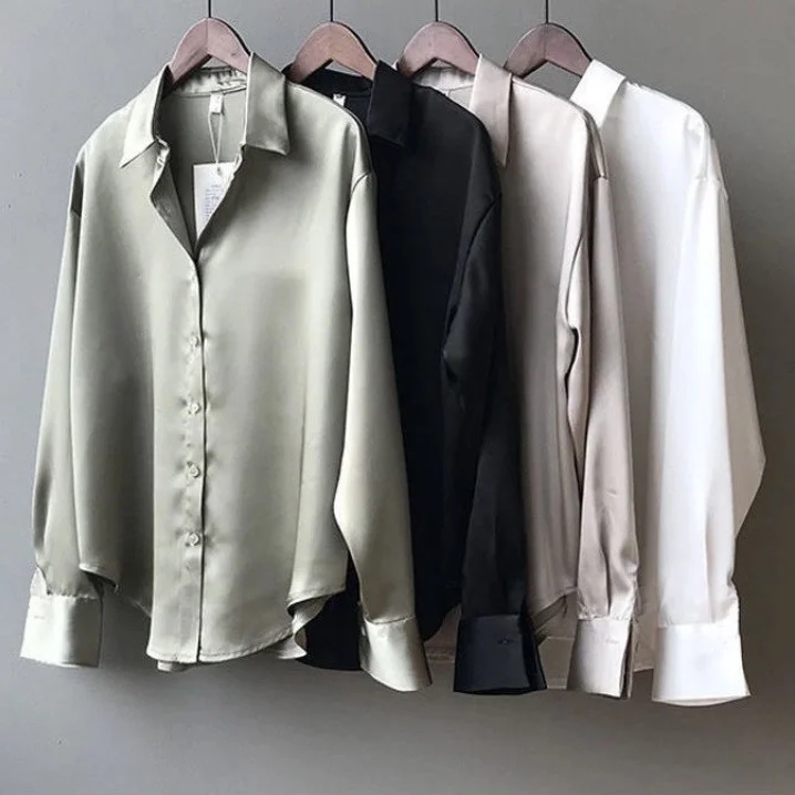 2021 New Summer Women Fashion Long Sleeves T Shirt Satin Blouse Vintage Femme V Neck Street Shirts Elegant Silk Blouse