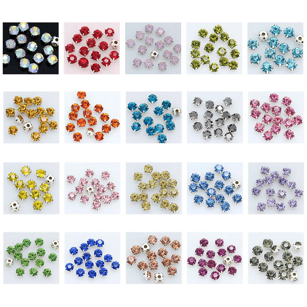 Prong Sew on Strass Beads Crystals Rhinestones with Plated Flatback Claw for Clothing in Sliver Round Colorful Glass Opp Bag
