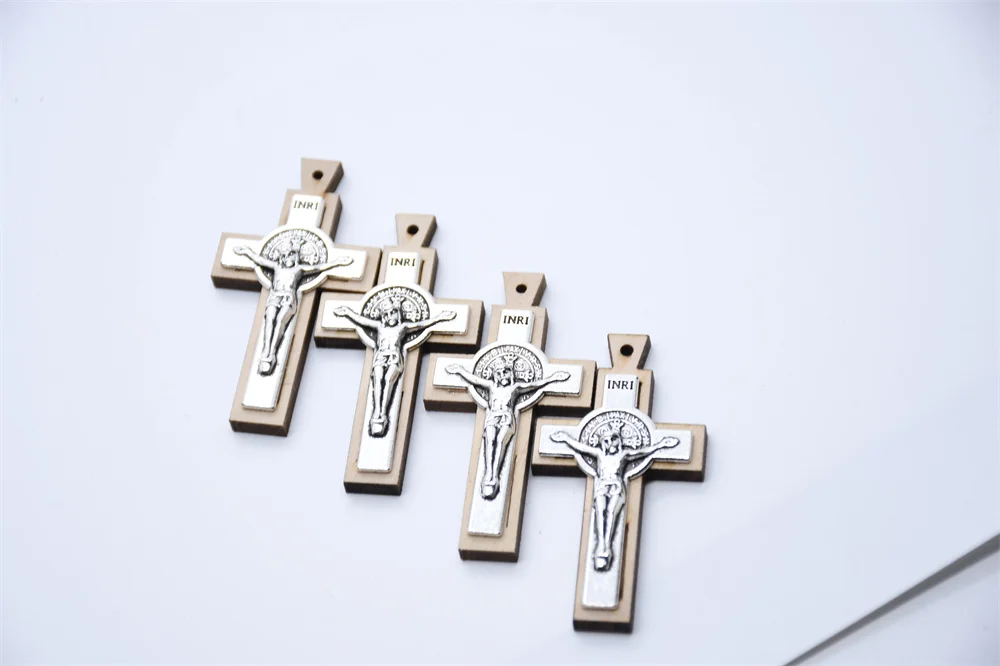 Religious Wooden Cross Charm Jerusalem St Benedict Alloy  Jesus Crucifix Pendant