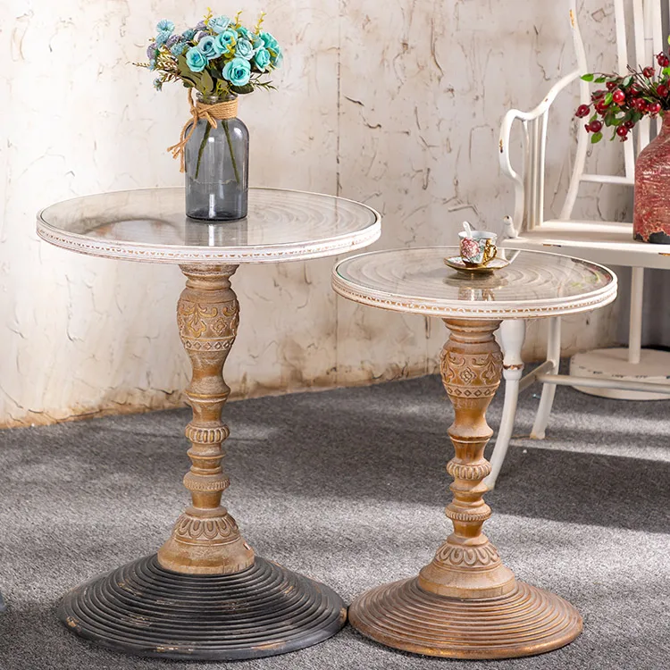 2022 Best Selling Home Decorative Furniture Classic Round Wood  Antique Accent Sofa Side Coffee Table with Glass Top