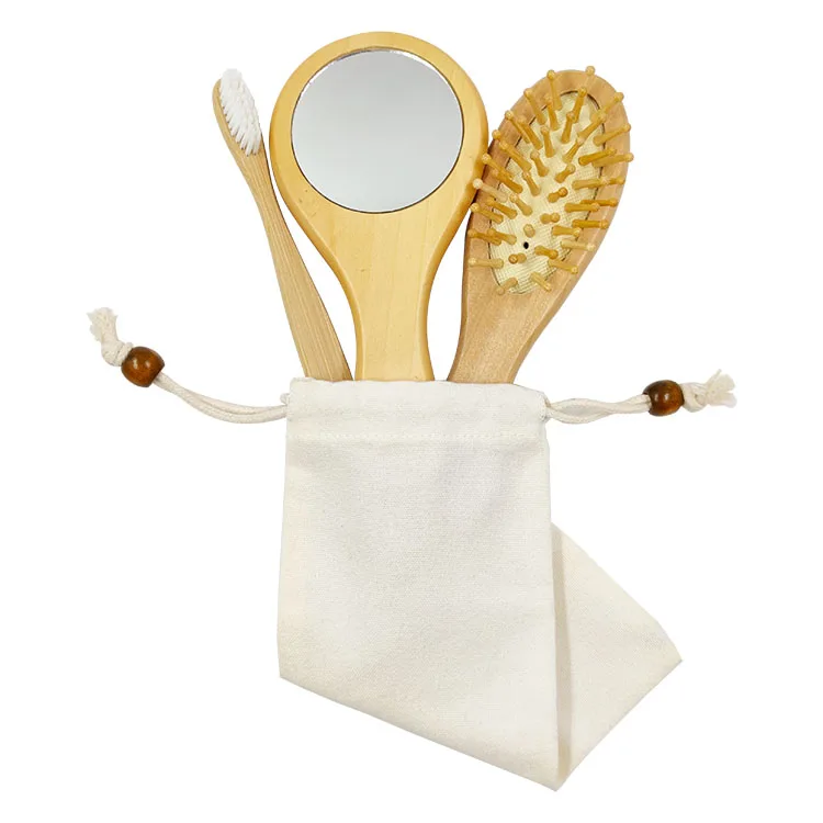 Natural Wooden Paddle Hair Brush Organic Bamboo Bristles Pins Hairbrush And Comb Travel Set