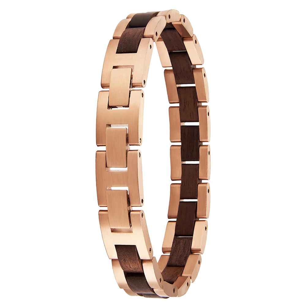 China Wholesale Perfect Gift Rose Gold Plated Stainless Steel Unisex Wooden Skeleton Bracelet for men and women