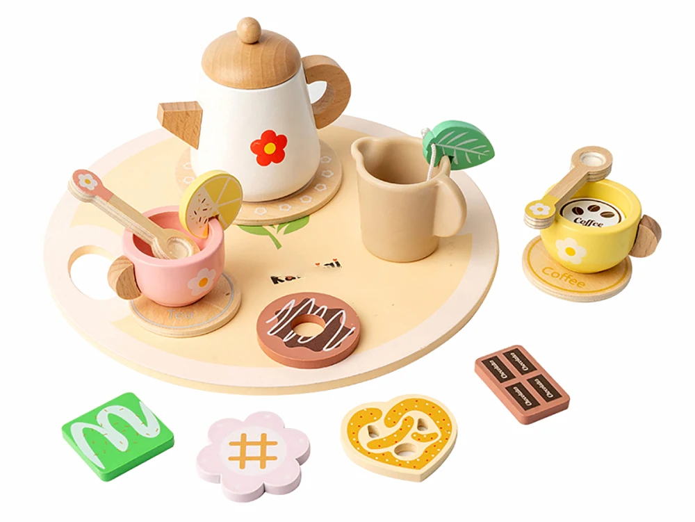 Wooden Tea Set for Little Girls Pretend Play Toy Kitchen Accessories Set for Kids Montessori Tea Time Party Food Toys