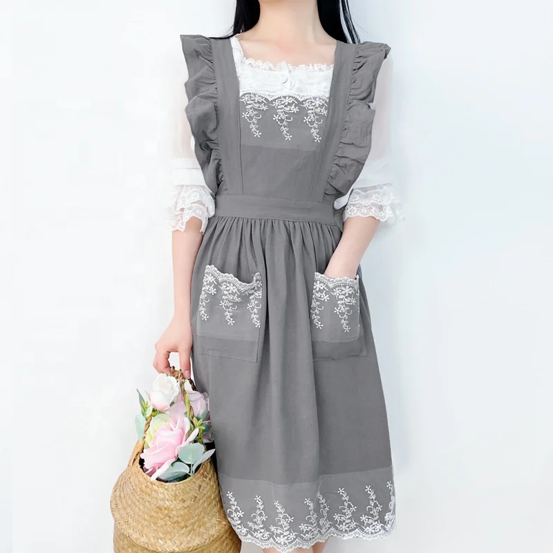 DUOLAI Ruffles Lace Shoulder Belt Apron For Female Summer Breathable Mesh Red Girl Cotton Linen Garden Baking Fly New Apron