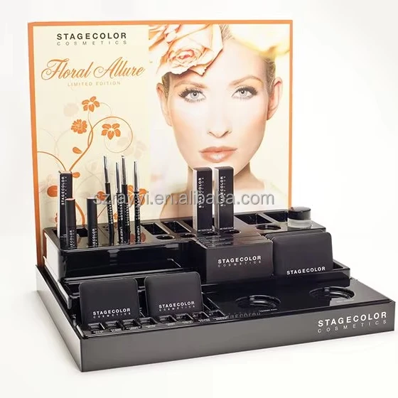 RAY YI wholesale  counter top acrylic mac makeup lipstick and eyebrow pencil sets display stand with led
