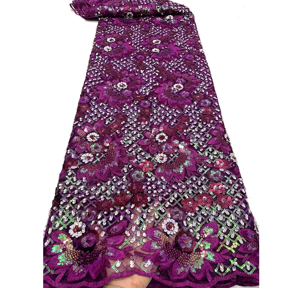 2022 Latest Nigerian Net Sequin Lace Beaded Fabric Floral Mesh Luxury Design Material for Sewing African Women Party Night Dress