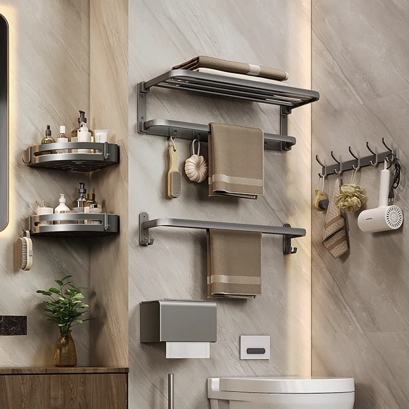 Self Adhesive Bathroom Towel Rack Wall Mounted Foldable Bath Towel Rack Modern Style No Drilling Required