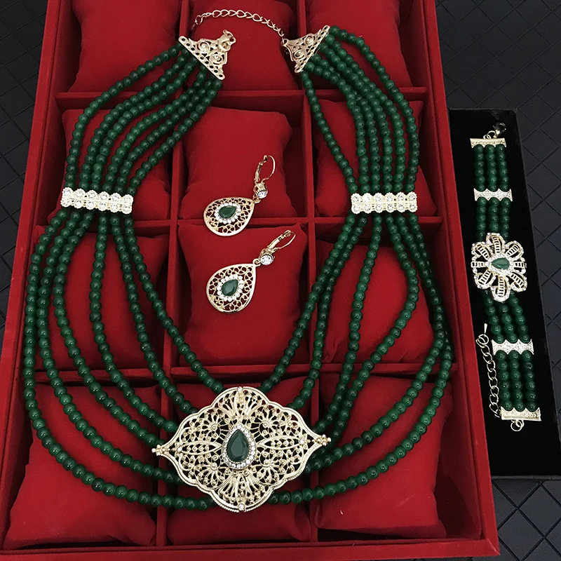 French American favorite handmade beaded necklace earrings bracelet set chain Muslim bridal wedding dress necklace women jewelry