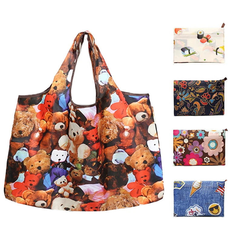 Custom Eco Friendly Cute Cartoon Reusable Foldable Grocery Bag Washable Polyester Tote Shopping Bag