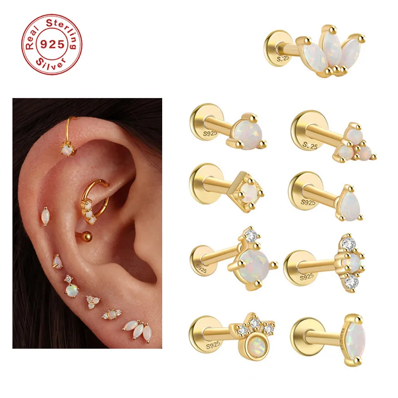 Gaby body piercing 925 plated gold 18k plata opal sterling silver jewelry tragus helix labret lip screw flat back earring women