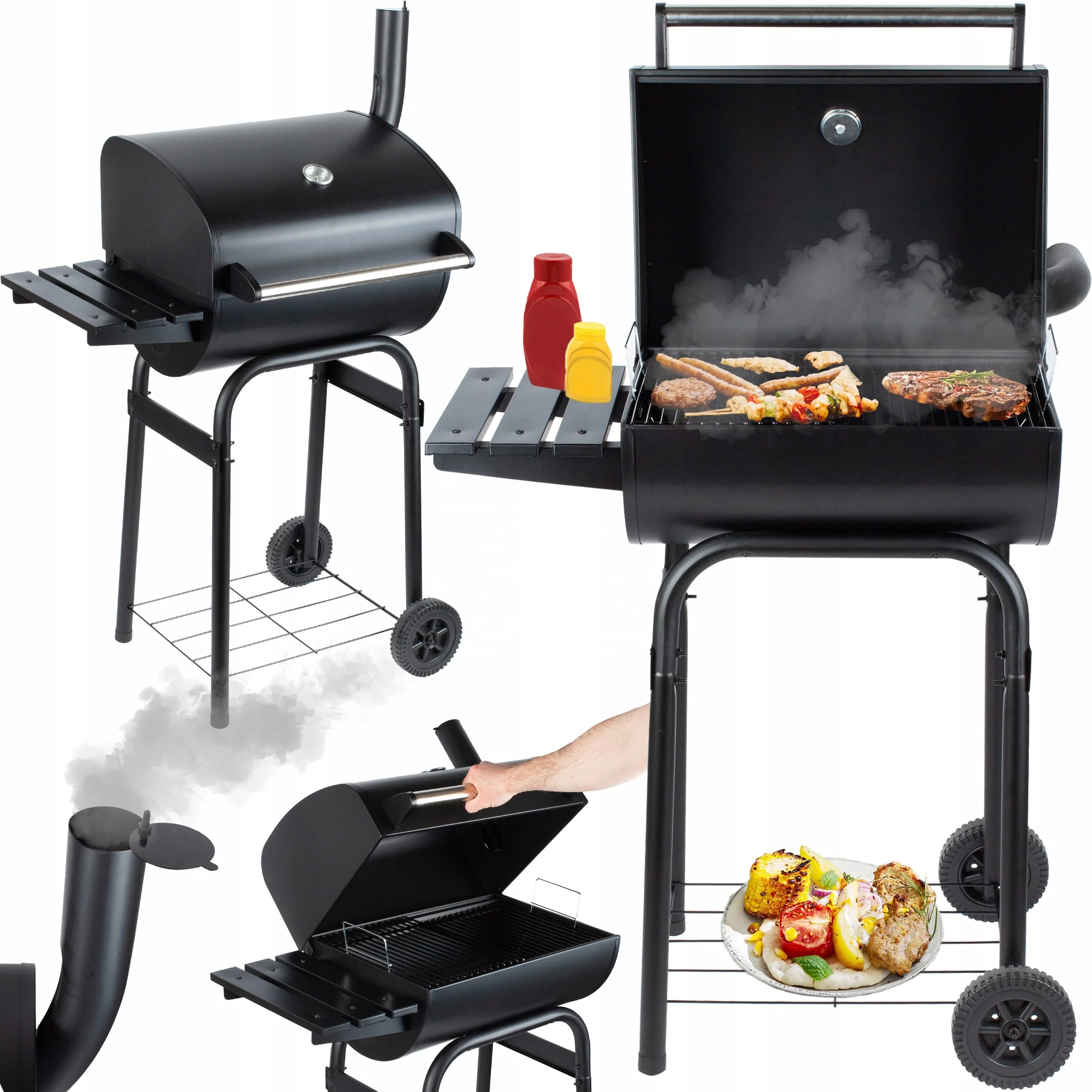 Outdoor Trolley Charcoal Smoker Camping Barbecue Grill With Storage Shelf For Garden Kitchen Cooking