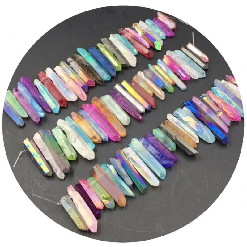 Drilled Natural Raw Rough Raw Quartz Points Gemstone Beads Top Drill Graduated Crystal Stick  Pendants Bulk Titanium Graduated