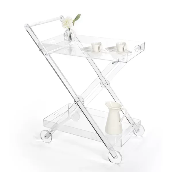 Modern New Clear Rolling Food Trailers Mobile Folding Acrylic Food Serving Trolley Cart for Home Hotel Bar