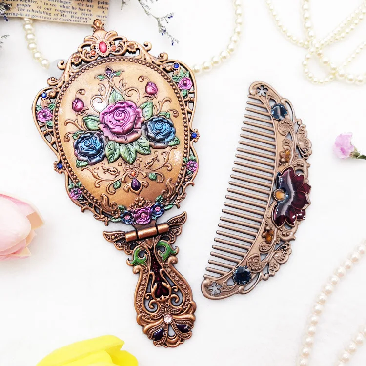 Retro metal antique mirror Makeup mirror folding portable handle mirror girl comb set princess gift