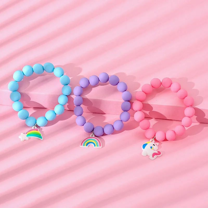 BSL23010 New Arrival Autumn Cute Soft Rubber Bracelet Solid Color Barbi Pink Soft Elastic Resin Cartoon Beaded Bracelet For Kids
