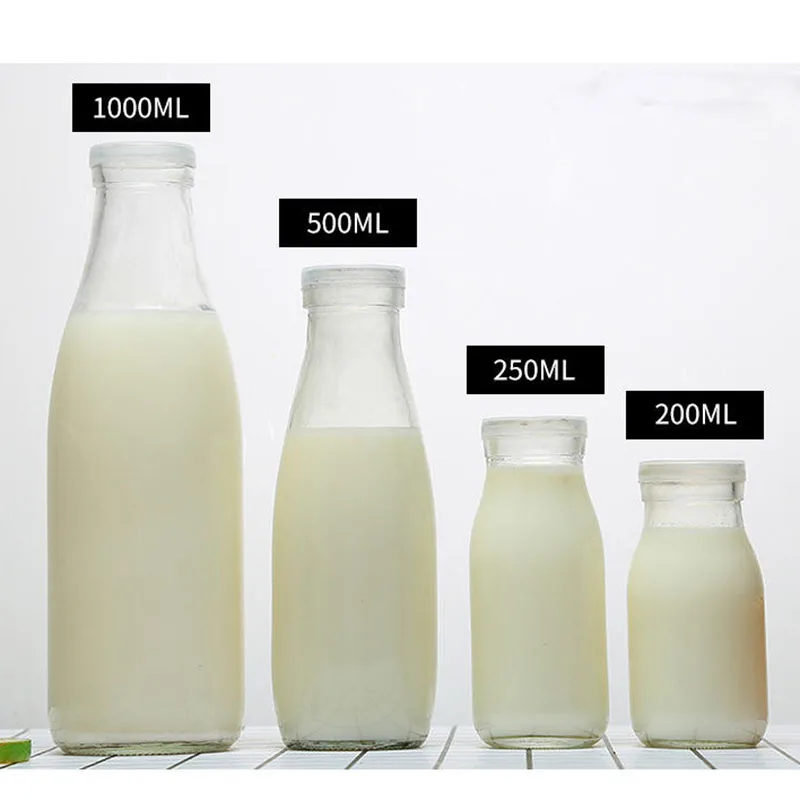 Avertan Empty 100ml 120ml 200ml  small glass drinking yogurt milk bottle8oz 12oz 14oz glass bottle for milk with Plastic lid