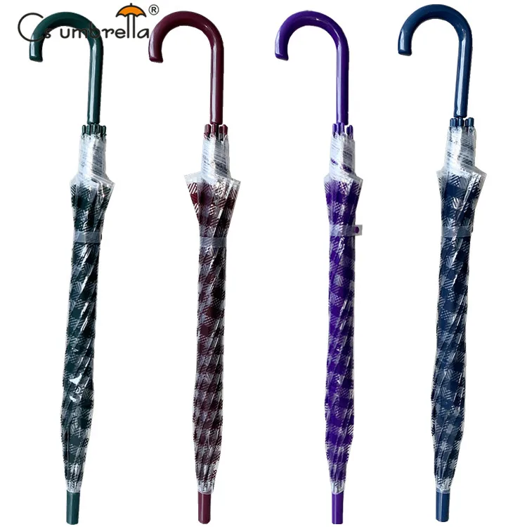 YS-1160 Hot Sale Cheap Clear Transparent Plastic J Handle Auto Open Umbrella Plaid Check Custom Printing POE Umbrella