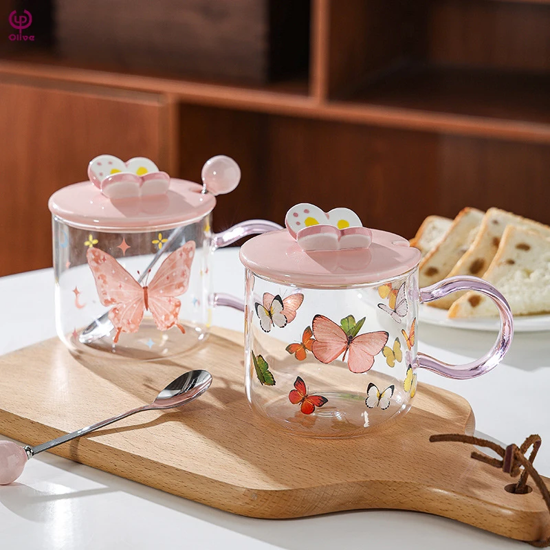 Butterfly-Design High-Color Pink Glass Breakfast Cup Set with Lid Spoon for Girls with Heart-Feeling Heat-Resistant Water Cup