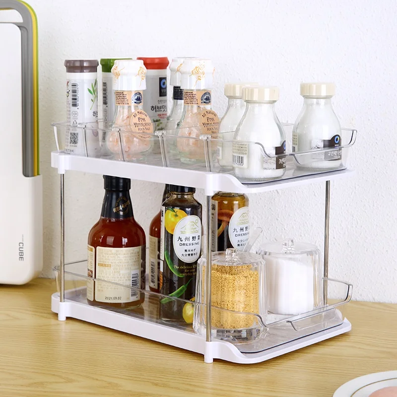 PET under sink countertop cabinet storage rack pantry stackable plastic 2 tier storage organizer with sliding basket