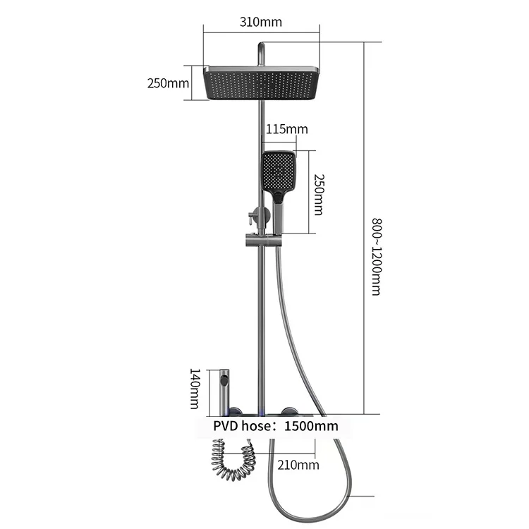 GAONUO Luxury Bathroom Brass Piano Key Rain Shower Set Wall Mounted 4 Functions Gun Grey Smart Digital Shower Faucet System