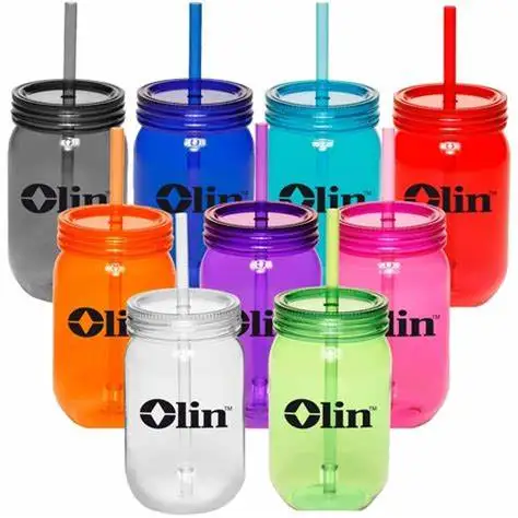 Plastic To Go Mason Jar with Lid and Straw Perfect as Party Cups, Kids Travel Cups
