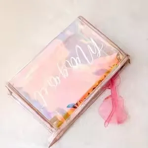 Custom logo travel laser PVC TPU iridescent cosmetic pouch zipper makeup Bag with Wrist Strap
