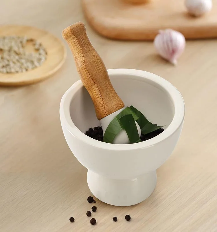 Mixing Grinding Bowl Non Slip Bamboo Tray Grinder Kitchen Cooking Tool Spice Herb Pesto Guacamole Ceramic Mortar And Pestle