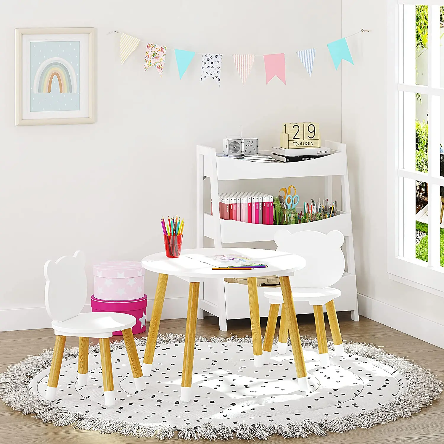 Kids Wood Table and Chair Set Kids Play Table with 2 Chairs 3 Pieces Kids Round Table for Toddlers Girls Boys White