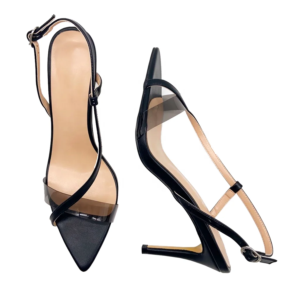 In Stock Black Pointed Toe Transparent Clear Heels High Heeled Sandals For Women Shoes