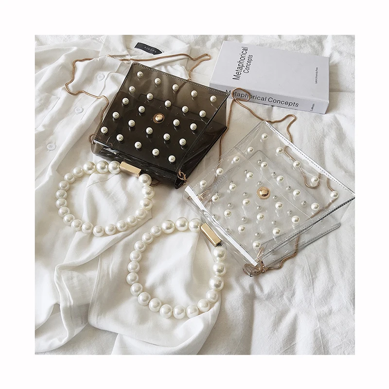 
Fashion Women Shoulder Bags Summer PVC Clear Handbags Transparent Evening Clutch Crossbody Jelly Bag Pearls Handle Beach Totes 