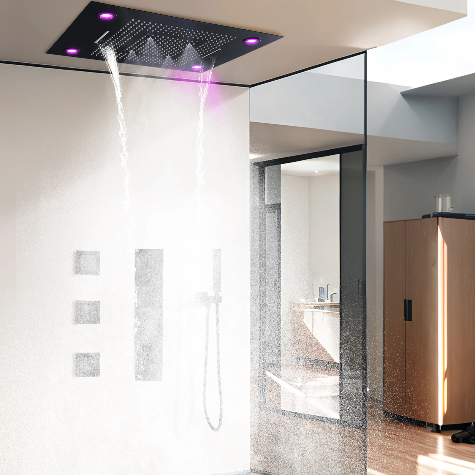 24x32inch Luxury Black Ceiling Mount LED Rainfall Double Rain Shower Heads Bathroom Thermostatic Shower System Fixtures Set