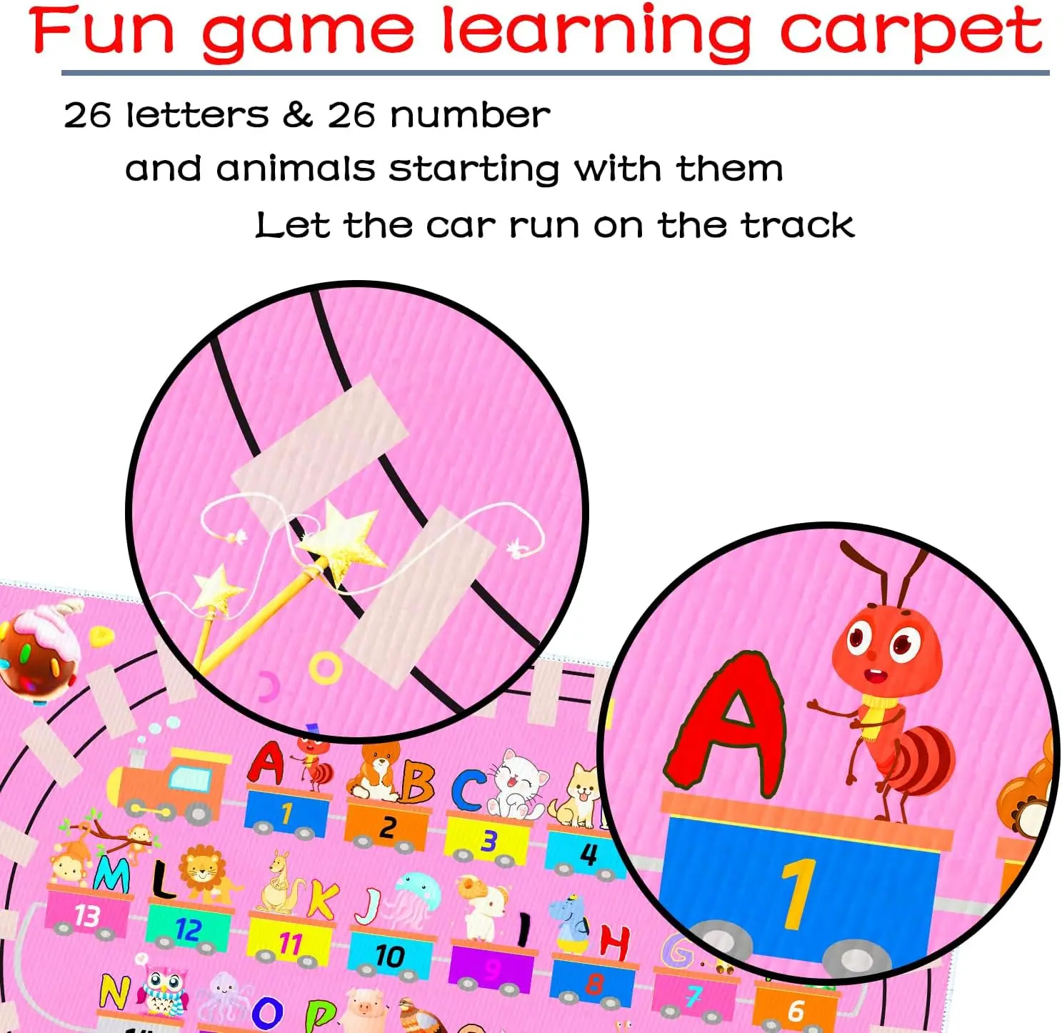 Kids ABC Pink Play Rug Alphabet Rugs with Numbers Animal Train and Road Shapes Learning Fun Educational Carpet Play mat for Kids