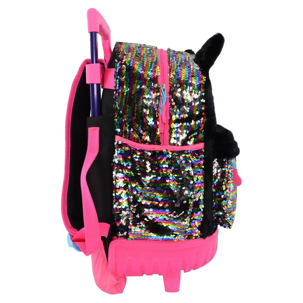 Stylish quality children plush animal sequin cute kids trolley rolling school bag  backpack with LED lights for school girls
